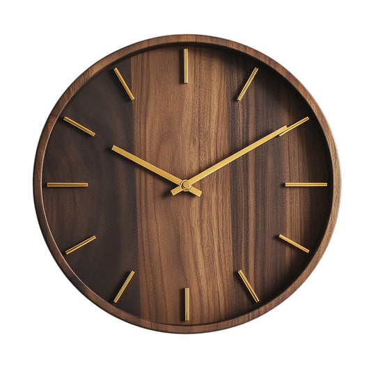 Frobk 12-Inch Solid Black Walnut Wall Clock - Minimalist No-Number Design - Silent Non-Ticking Sweep Quartz Movement - Gold Hands - Modern Home & Office Decor