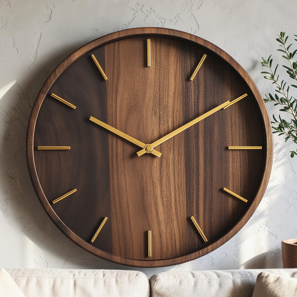 Frobk 12-Inch Solid Black Walnut Wall Clock - Minimalist No-Number Design - Silent Non-Ticking Sweep Quartz Movement - Gold Hands - Modern Home & Office Decor
