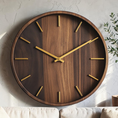 Frobk 12-Inch Solid Black Walnut Wall Clock - Minimalist No-Number Design - Silent Non-Ticking Sweep Quartz Movement - Gold Hands - Modern Home & Office Decor